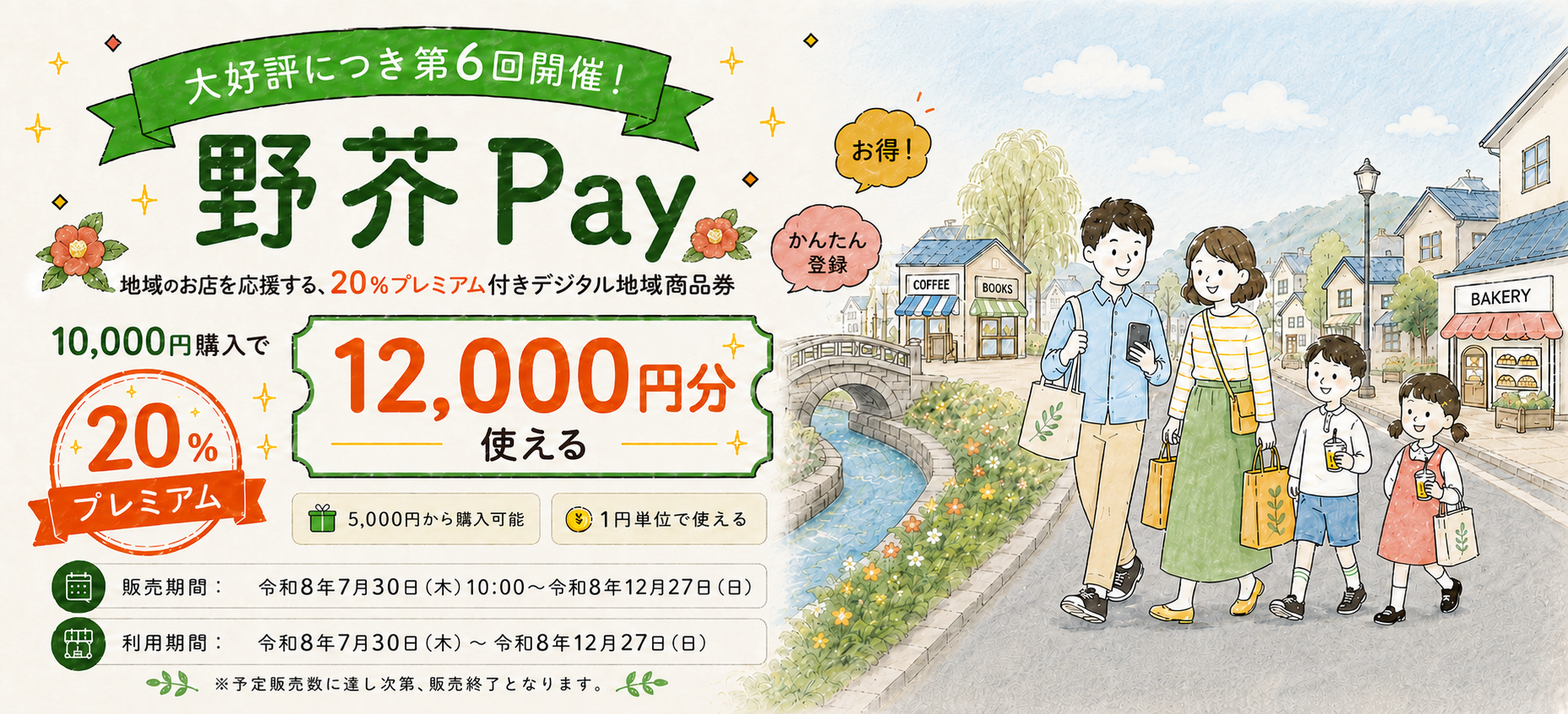 野芥Pay 第6回。大好評につき第6回開催。地域のお店を応援する20％プレミアム付きデジタル地域商品券。10,000円購入で12,000円分使える。5,000円から購入可能。販売期間・利用期間は令和8年7月30日（木）から令和8年12月27日（日）まで。