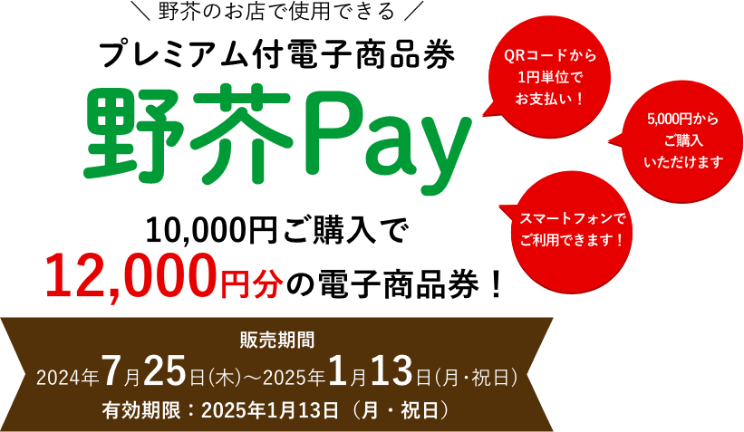 プレミアム付電子商品券　野芥Pay　10,000円ご購入で 12,000円分の電子商品券！QRコードから1円単位でお支払い！スマートフォンで ご利用できます！販売期間:2023年10月5日(木)～2024年1月14日(日)